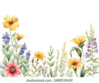 Watercolor wildflowers border banner for stationary, greetings, etc. floral decoration. Hand drawing.