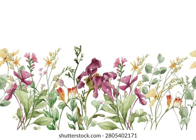 Watercolor wildflowers seamless border vector illustration, purple and yellow meadow flowers banner background