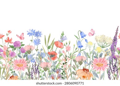 Watercolor wildflowers seamless border vector. Horizontal floral pattern with colorful wild meadow flowers, lavender, poppy, daisy, and butterflies isolated on white background.