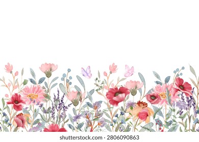 Watercolor wildflowers seamless border vector. Horizontal floral pattern with colorful wild meadow flowers, lavender, poppy, daisy, and butterflies isolated on white background.