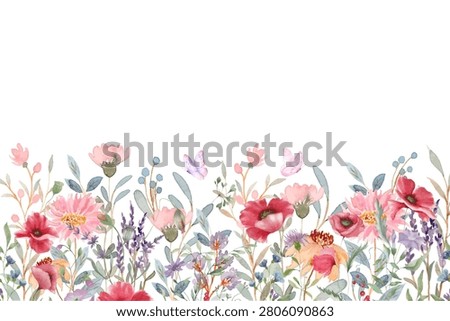 Watercolor wildflowers seamless border vector. Horizontal floral pattern with colorful wild meadow flowers, lavender, poppy, daisy, and butterflies isolated on white background.