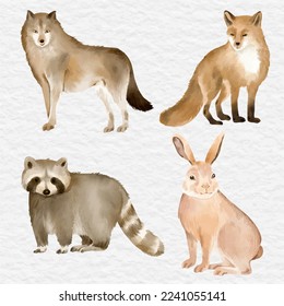 watercolor wildlife animal collection set raccoon, rabbit, fox, wolf