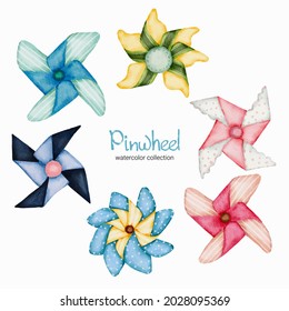 Watercolor windmill toy object asset. Baby toy stuffs set of pinwheel, it soft, sterile, chemical-free, using paper in production. safe for children. Multicolored paper windmill propeller set vector