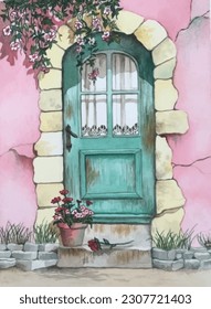 Watercolor window and flowers Illustration