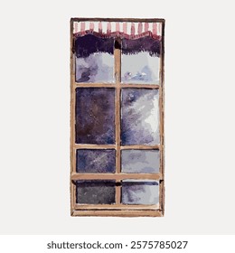 Watercolor window with wooden frame and striped awning. The window features a rustic design. Watercolor style adds charm. Striped awning complements the window.