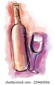 Watercolor wine bottle and glass