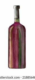 Watercolor wine bottle on white background. Unlabeled bottle of  is symbol of elegance, party or holiday relaxing.