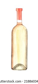 Watercolor wine bottle on white background. Unlabeled bottle of  is symbol of elegance, party or holiday relaxing.