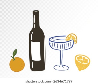 Watercolor Wine Celebration with Fine Bottle and Citrus, Perfect for Dining and Celebration Theme, Hand-Drawn Vector Illustration.