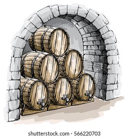 Watercolor wine cellar with barrels in graphic style hand-drawn vector illustration