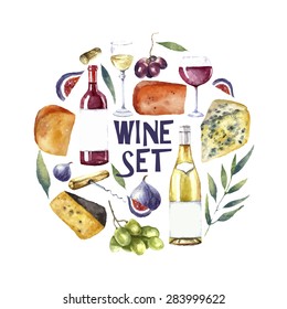 Watercolor wine and cheese frame. Hand draw round card background with  food objects. Red wine bottle and glass, white wine bottle and glass, grapes, cheeses, figs and green twig. Vector background.