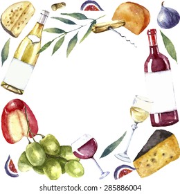 Watercolor wine and cheese frame. Round frame with hand painted food objects. Red wine bottle and glass, white wine bottle and glass, grapes, cheeses, figs and green twig. Vector background.