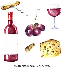 Watercolor wine design elements: wine glass, wine bottle, chees, corkscrew, cork, grape.