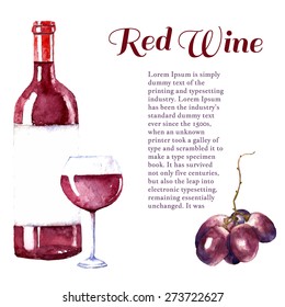 Watercolor wine design elements: wine glass, wine bottle, grape with place for text. Vector illustration.