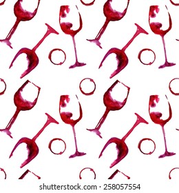 Watercolor wine pattern with wineglasses