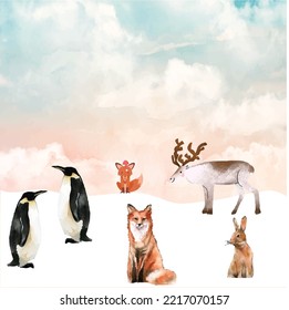 Watercolor Winter Animals Clipart, Cute Animal Digital Images, Wildlife Illustrations: Bear, Wolf, Deer, Eagle, Rabbit, Moose  Owl