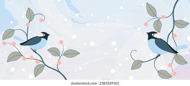 Watercolor winter art background. Watercolor natural winter botanical leaf branch with birds and snowfall. Design for print, decoration, poster, wallpaper, banner.