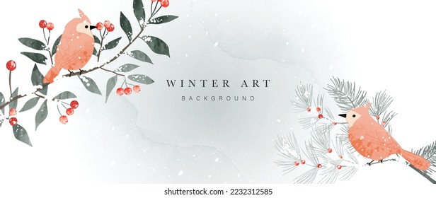 Watercolor winter art background vector illustration. Hand painted natural winter botanical leaf branch with birds and snowfall background. Design for print, decoration, poster, wallpaper, banner.