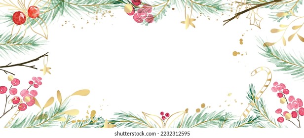 Watercolor winter art background vector illustration. Hand painted decorative winter leaf branch, berry, pine leaves, gold star, candy cane. Design for print, decoration, poster, wallpaper, banner.