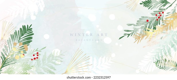 Watercolor winter art background vector illustration. Hand painted decorative winter leaves, gold pine leaves, berry leaf branch, line art. Design for print, decoration, poster, wallpaper, banner.