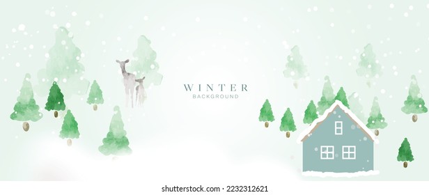 Watercolor winter art background vector illustration. Hand painted decorative rural winter landscape, snowfall, house, deers, pine trees. Design for print, decoration, poster, wallpaper, banner.