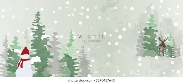 Watercolor winter art background vector illustration. Hand painted natural winter botanical pine, reindeer, snowman and snowfall background. Design for print, decoration, poster, wallpaper, banner.