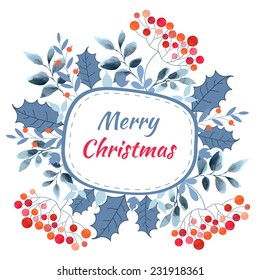 Watercolor winter background with branches rowan berry.  