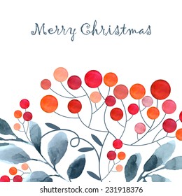 Watercolor winter background with branches rowan berry.  