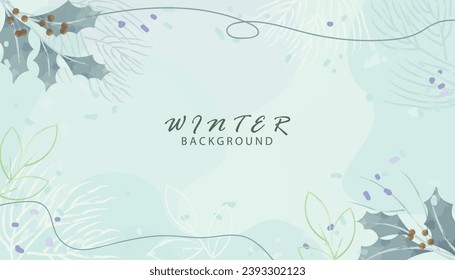 Watercolor winter background design, Flower and botanical leaves watercolor hand drawing. Abstract art wallpaper design for wall arts, wedding and greetings card.