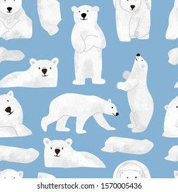 Watercolor winter background with polar bear,ice.Vector illustration seamless pattern for background,wallpaper,frabic.Editable element