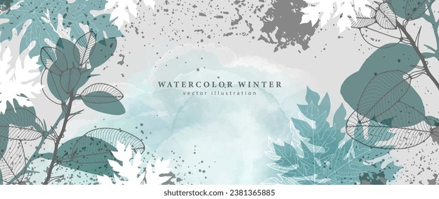 Watercolor winter background with unusual leaves and splashes. Vector background for decor, wallpaper, covers, cards and presentations.
