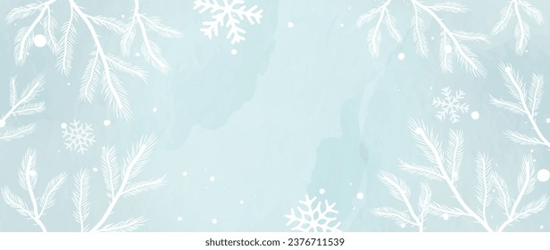 Ramas de coníferas botánicas de invierno acuarela, ilustración vectorial de fondo sobre un fondo azul. Ramas de árboles de navidad dibujadas a mano, copos de nieve con textura de brocha acuarela. Diseño para impresión	