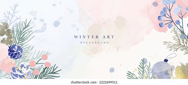 Watercolor winter botanical leaves background vector illustration. Hand drawn winter leaf branch, pine, bauble with gold brush stroke texture. Design for print, banner, poster, wallpaper, decoration.