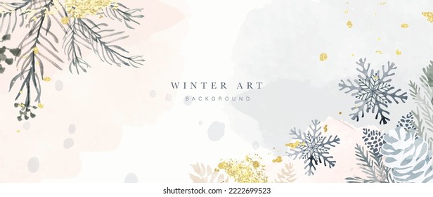 Agua de invierno de hojas botánicas de fondo ilustración vectorial. Ramas de hojas de invierno dibujadas a mano, copos de nieve con textura de pincel de oro. Diseño para impresión, banner, afiche, tapicería, decoración.