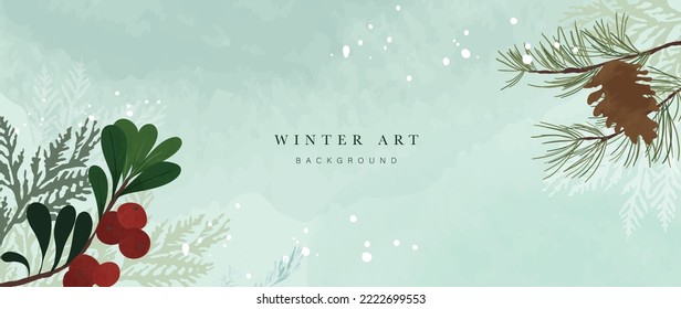 Watercolor winter botanical leaves background vector illustration. Elements of hand drawn winter leaf branches, snow. Design suitable for print, banner, poster, wallpaper, decoration, cover, card.