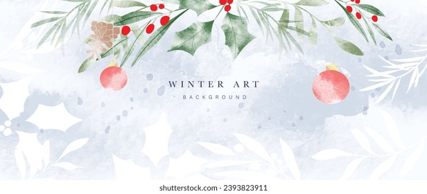 Agua de invierno de hojas botánicas de fondo ilustración vectorial. Ramas de hojas de invierno dibujadas a mano, pinecona, espiral holly, bola de baudible. Diseño para impresión, banner, afiche, tapicería, decoración.