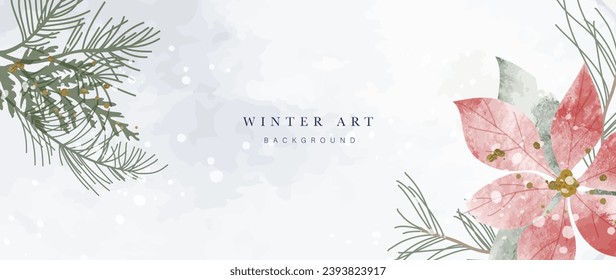 Watercolor winter botanical leaves background vector illustration. Hand drawn winter leaf branches, pine leaves, glitter gold. Design for print, banner, poster, wallpaper, decoration.