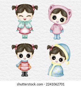 watercolor winter boy and girl character element collection