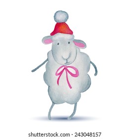 Watercolor winter card with sheep. Vector illustration