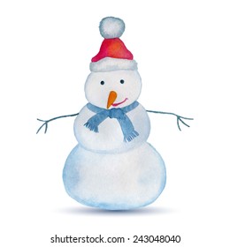 Watercolor winter card with snowman. Vector illustration