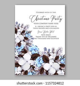 Watercolor winter Christmas Party Invitation cotton fir branch pine cone mistletoe Holiday vector illustration