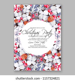 Watercolor winter Christmas Party Invitation peach rose cotton fir branch pine cone mistletoe Holiday vector illustration Dinner invitation template