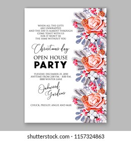 Watercolor winter Christmas Party Invitation peach rose cotton fir branch pine cone mistletoe Holiday vector illustration Dinner invitation template