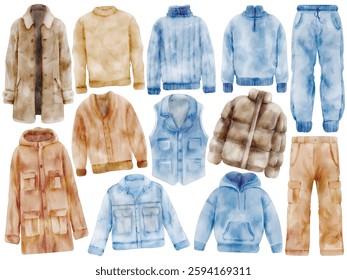 Watercolor Winter Clothing Illustration Set, Cozy Outfit, Jacket, Sweater, Coat, Hoodie, Vest, Pants, Cold Weather Fashion, Hand Painted, Realistic
