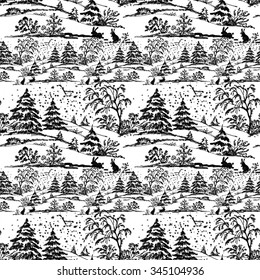 Watercolor winter Coniferous forest landscape with rabbits, seamless pattern on white background, vector illustration