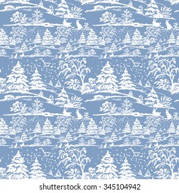 Watercolor winter Coniferous forest landscape with rabbits, seamless pattern on blue background, vector illustration