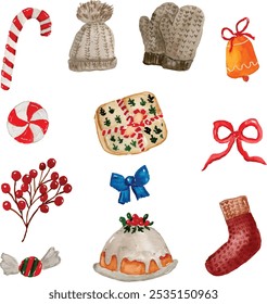 watercolor winter elements, candy cane, glove, hat, bells, present box, bow, berry, sock, and christmas cake vector design.