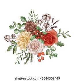 Watercolor Winter Floral Bouquet: Roses, Dahlias, and Cotton Blooms