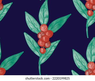 watercolor winter floral dark blue seamless pattern background with Green holly berry mistletoe branch with red berries and leaves.