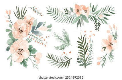 Arte de Clip de Elementos florales de invierno de acuarela, ilustración